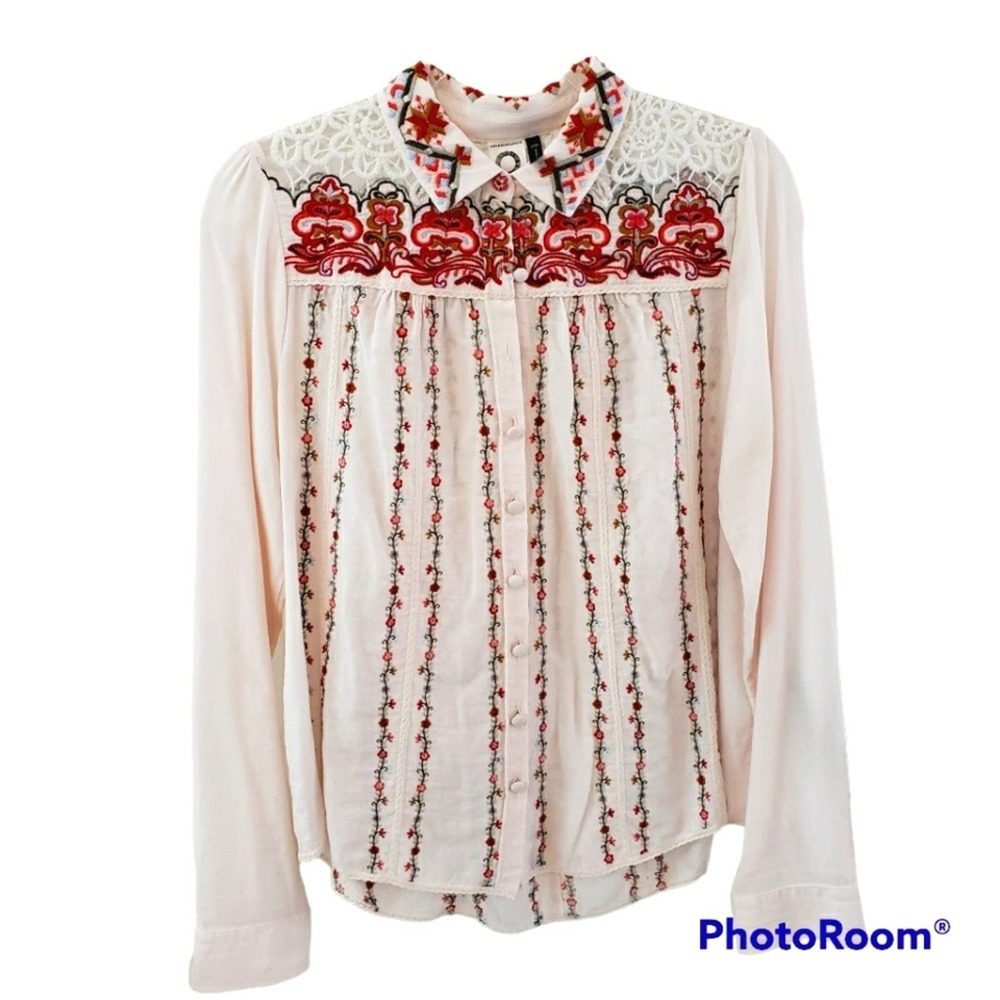 Embroidered Floral Button-Up Blouse - Cream with Red Accents
